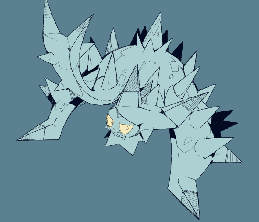 blue_background full_body gen_7_pokemon looking_at_viewer massakasama nintendo no_humans pokemon pokemon_(creature) pokemon_focus sharp_teeth simple_background solo spikes teeth toxapex yellow_eyes