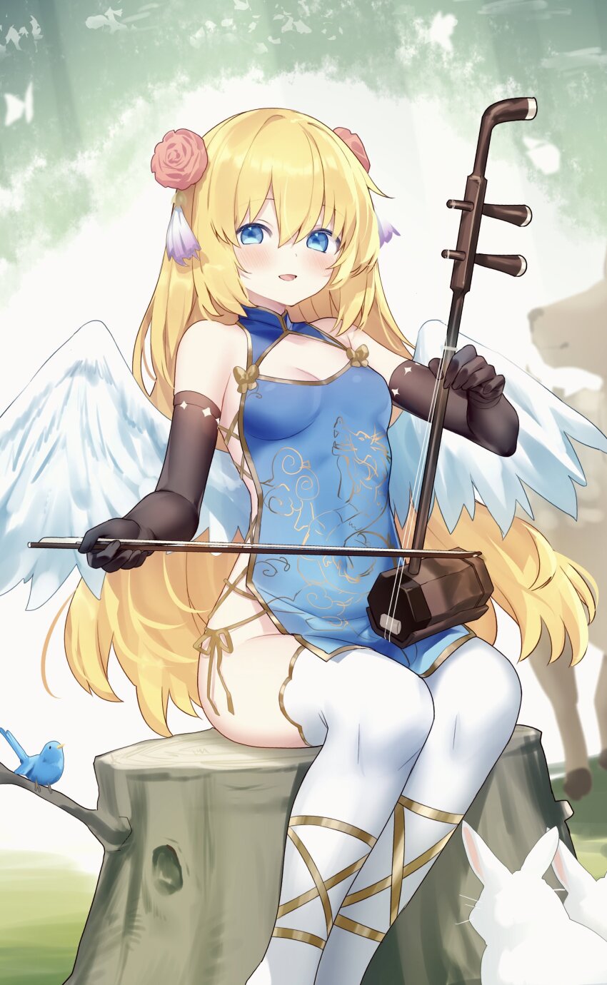 1girl absurdres anklet bare_shoulders bird black_gloves blonde_hair blue_dress blue_eyes bow_(music) breasts china_dress chinese_clothes cleavage_cutout clothing_cutout commission dress elbow_gloves erhu feathered_wings flower gloves gold_trim hair_flower hair_ornament highres hiraga_matsuri holding holding_bow_(music) holding_erhu jewelry long_hair looking_at_viewer open_mouth original outdoors pelvic_curtain rabbit short_dress side-tie_dress sideless_dress sitting skeb_commission sleeveless sleeveless_dress small_breasts smile solo thighhighs thighs tree_stump very_long_hair white_thighhighs wings