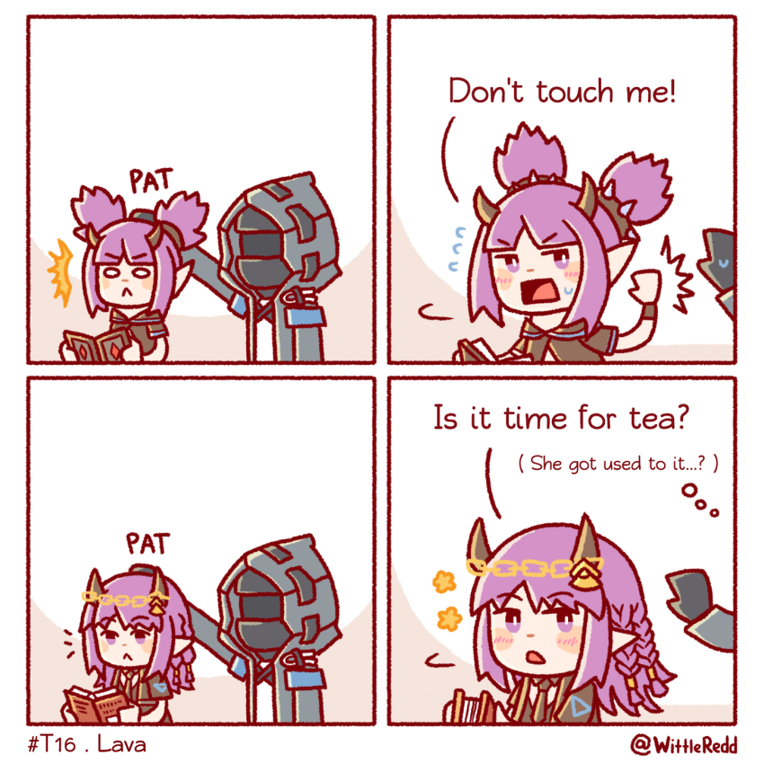 1girl 1other 4koma :&lt; ambiguous_gender arknights black_coat black_jacket black_necktie black_shirt book chibi coat comic commentary demon_horns doctor_(arknights) dragon_horns english_commentary english_text headpat helm helmet highres hood hood_up hooded_coat hooded_jacket horns jacket lava_(arknights) lava_the_purgatory_(arknights) long_hair necktie open_mouth pointy_ears purple_eyes purple_hair reading shirt short_sleeves swatting sweatdrop twintails twitter_username wittle_red