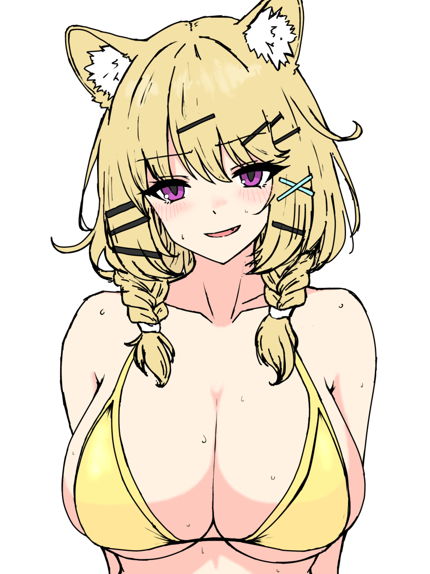 1girl alternate_costume animal_ear_fluff animal_ears arknights bikini blonde_hair blush braid breasts cleavage collarbone commentary_request hair_ornament hair_tie hairclip highres ichimisan large_breasts looking_at_viewer medium_hair open_mouth purple_eyes simple_background solo sweat swimsuit twin_braids upper_body utage_(arknights) white_background x_hair_ornament yellow_bikini