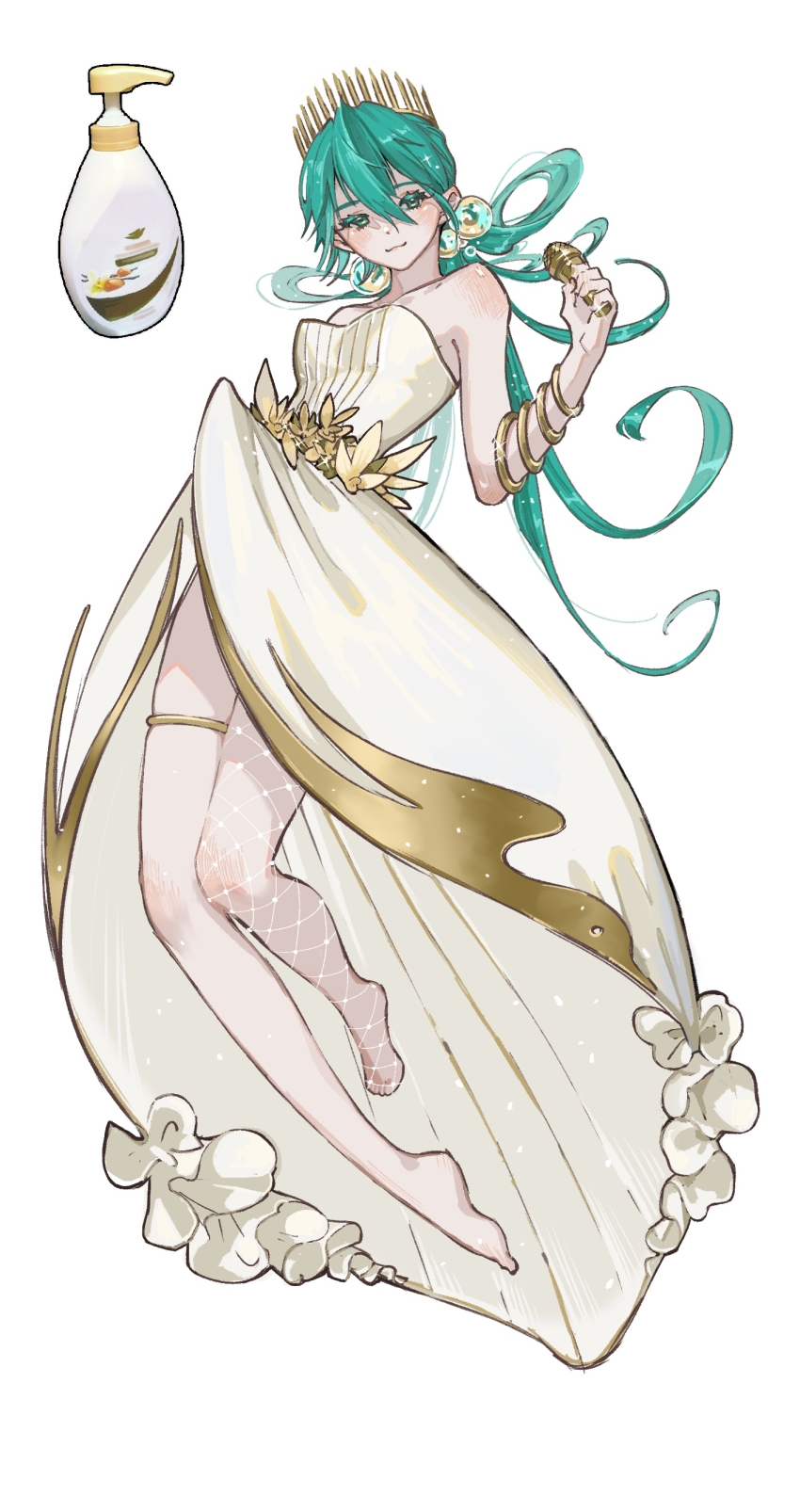 1girl absurdres alternate_costume aqua_eyes aqua_hair artistic_error bare_shoulders barefoot bracelet closed_mouth commentary dress full_body hair_between_eyes hair_ornament hatsune_miku highres holding holding_microphone jewelry long_hair looking_at_viewer microphone multiple_bracelets off-shoulder_dress off_shoulder simple_background single_fishnet_legwear soap_bottle solo squeeze_bottle thighlet very_long_hair vocaloid wabao_laowusuo white_background white_dress wrong_foot