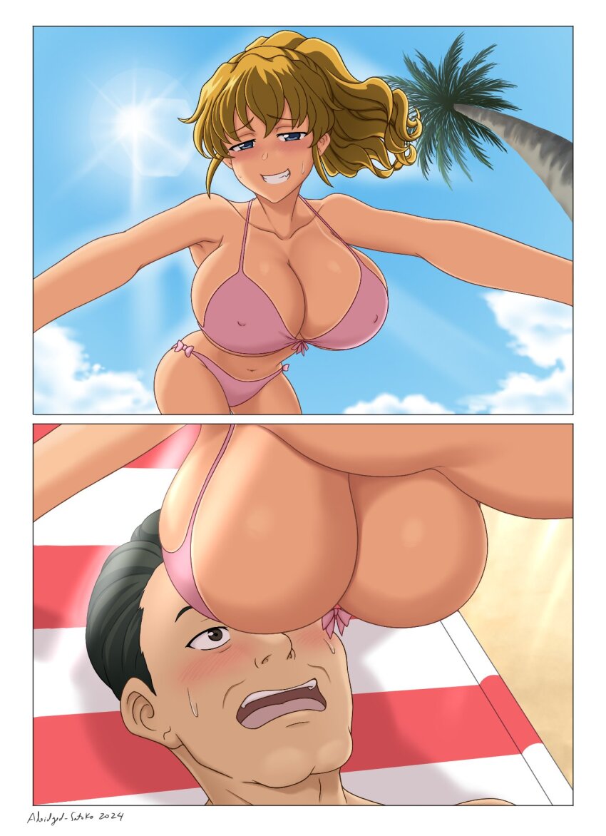 beach bikini blonde_hair blue_eyes bra breasts highres panties pink_bikini pink_bra pink_panties sun swimsuit tomboyist toshiro_gohda umineko_no_naku_koro_ni underwear ushiromiya_jessica