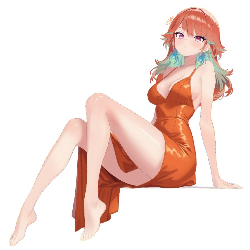 1girl absurdres alternate_costume barefoot breasts commentary dress earrings english_commentary feather_earrings feathers gradient_hair green_hair highres hololive hololive_english jewelry legs looking_at_viewer multicolored_hair orange_hair purple_eyes red_dress simple_background solo takanashi_kiara takokatsu virtual_youtuber white_background