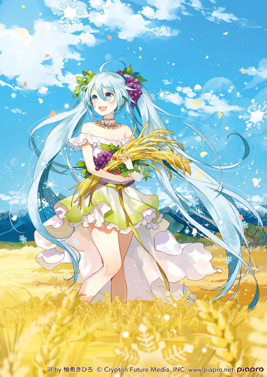 1girl aqua_eyes aqua_hair cloud copyright_name day dress female_focus hatsune_miku highres long_hair looking_to_the_side mountain open_mouth sky smile snowflakes solo standing strapless strapless_dress twintails very_long_hair vocaloid wheat wheat_field yuzuki_kihiro