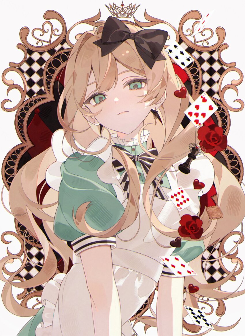 1girl alice_(alice_in_wonderland) alice&#039;s_adventures_in_wonderland apron aqua_dress aqua_eyes black_ribbon blonde_hair closed_mouth dress earrings hair_ribbon highres jewelry looking_at_viewer original puffy_short_sleeves puffy_sleeves ribbon satsuki_(miicat) short_sleeves solo striped_ribbon upper_body white_apron