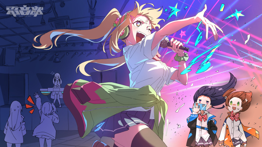 ;d arm_up black_thighhighs blonde_hair blue_hair breasts brown_footwear brown_hair clothes_around_waist collared_shirt commentary denonbu english_commentary floating_hair furrowed_brow green_eyes green_scrunchie hair_ornament hands_up headphones hidaka_reina_(denonbu) highres holding holding_microphone holding_phone indoors jacket jacket_around_waist kayano_futaba loafers logo long_hair long_sleeves medium_breasts microphone multiple_views music musical_note notice_lines one_eye_closed open_clothes open_jacket open_mouth outstretched_arm owlbox phone school_uniform scrunchie shinonome_kazune shirt shoes singing smile stage_lights standing standing_on_one_leg star_(symbol) star_hair_ornament taking_picture thighhighs twintails white_shirt wind wrist_scrunchie