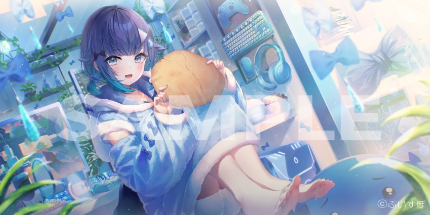 1girl :d adapted_costume barefoot blue_hair blue_nails blunt_bangs chihiro_ayaka commentary_request computer_keyboard computer_mouse controller copyright_notice day fur-trimmed_hoodie fur_shorts fur_trim game_controller gradient_hair hair_ornament headphones highres holding hood hoodie indoors knees_up long_hoodie long_sleeves looking_at_viewer loungewear low_twintails monitor multicolored_hair nail_polish official_art open_mouth oversized_clothes purple_hair sample_watermark shirt short_hair short_twintails shorts sitting smile solo toenail_polish toenails tsumugi_kokage twintails virtual_youtuber vspo! watermark white_shirt white_shorts