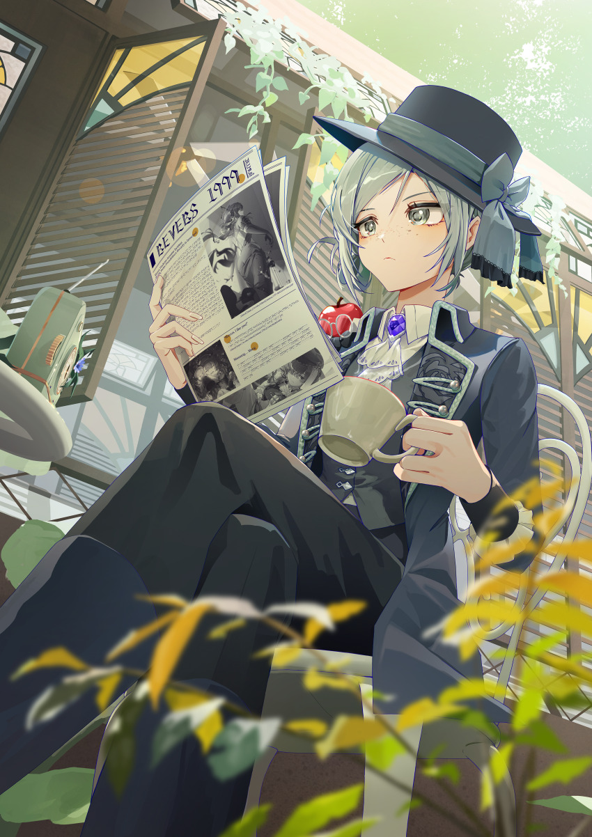 1girl :&lt; absurdres apple apple_(reverse:1999) ascot black_boots black_bow black_bowtie black_coat black_hat black_pants black_vest blue_bow boater_hat boots bow bowtie coat collared_shirt crossed_legs cup feet_out_of_frame food freckles from_below fruit glasses grey_eyes grey_hair hair_bun hands_up hat hat_bow highres holding holding_cup holding_newspaper jelmul ms._radio newspaper on_chair outdoors pants plant radio reverse:1999 round_eyewear shirt short_hair single_side_bun sitting solo traditional_bowtie vertin_(reverse:1999) vest vines waistcoat white_ascot white_shirt window