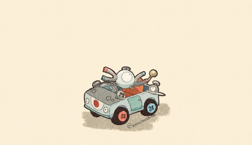 brown_background car gen_1_pokemon gen_4_pokemon highres magnemite magnet magnezone motor_vehicle nintendo no_humans one-eyed pokemon pokemon_(creature) screw simple_background twitter_username vehicalization zozozoshion