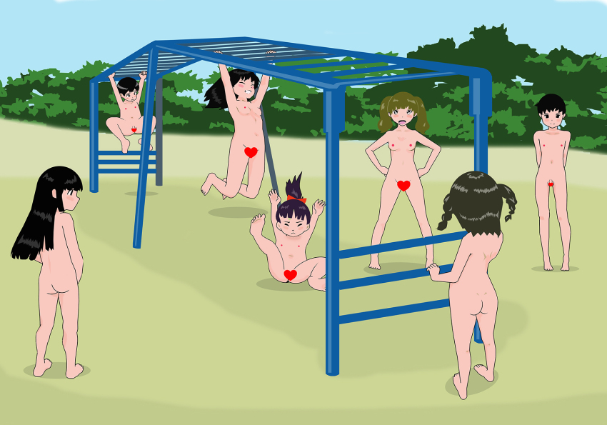 2boys 5girls arms_behind_back ass barefoot black_eyes black_hair blush bow braid breasts brown_hair bush censored closed_eyes collarbone fallen_down flat_chest from_behind grass grin hair_bow hands_on_own_hips heart heart_censor jungle_gym loli long_hair looking_at_viewer looking_down monkey_bars multiple_boys multiple_girls navel neko_no_kimagure nipples nude open_mouth original penis ponytail red_bow short_hair shota sky small_breasts small_penis smile spread_legs teeth testicles twin_braids twintails