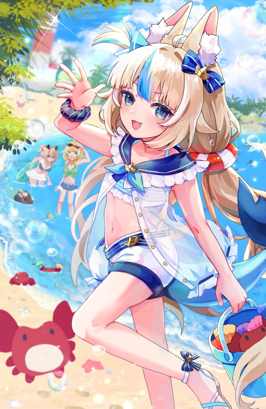 1girl animal_ear_fluff beach bikini blonde_hair blue_bow blue_eyes blue_hair blue_sky bow bucket day fang hair_ornament highres holding holding_bucket indie_virtual_youtuber long_hair midriff multicolored_hair multiple_girls navel ocean open_mouth outdoors pochaimo sameko_saba short_shorts shorts sky solo_focus streaked_hair swimsuit twintails two-tone_hair very_long_hair virtual_youtuber