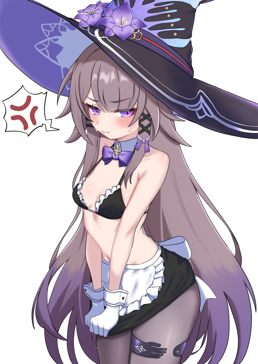 1girl absurdres apron black_bra black_hat black_skirt blush bra breasts brown_hair closed_mouth frilled_apron frilled_bra frills gloves grey_pantyhose hat herta_(honkai:_star_rail) highres honkai:_star_rail honkai_(series) long_hair looking_at_viewer oldsickkim pantyhose purple_eyes simple_background skirt skirt_tug small_breasts solo stomach sweat the_herta_(honkai:_star_rail) underwear very_long_hair waist_apron white_apron white_background white_gloves white_wrist_cuffs witch_hat wrist_cuffs