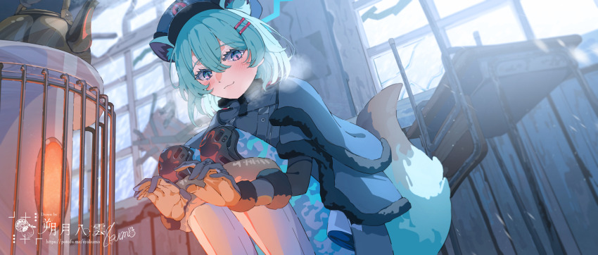 1girl animal_ears aqua_hair blue_archive camouflage capelet closed_mouth commentary_request grey_capelet grey_shirt hair_between_eyes hat heater highres looking_at_viewer peaked_cap sakatsuki_yakumo shigure_(blue_archive) shirt smile solo tail two-tone_gloves weasel_ears weasel_girl weasel_tail winter
