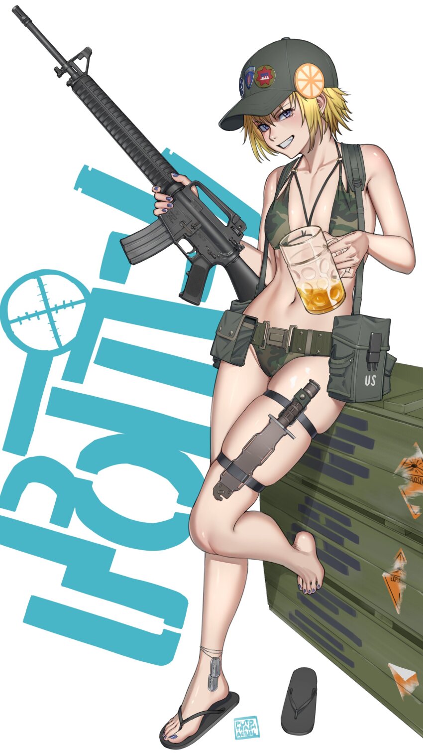 1girl absurdres alternate_costume assault_rifle baseball_cap beer_mug bikini blonde_hair box camouflage camouflage_bikini clenched_teeth commentary copyright_name cup feet full_body green_bikini green_hat gun hat highres holding holding_gun holding_weapon knife leg_up looking_at_viewer m16 m16a2 m16a4_(upotte!!) mug navel pouch purple_eyes purple_nails puto_trash rifle sandals sheath sheathed simple_background skindentation smile solo swimsuit teeth toenails toes upotte!! weapon white_background