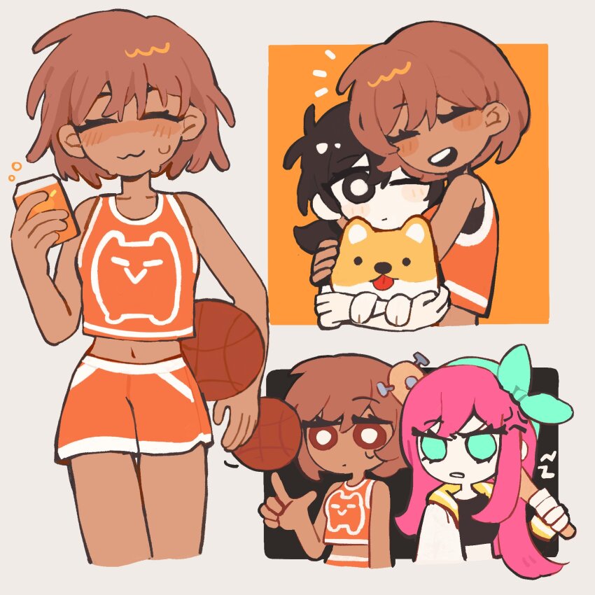 3girls :3 :d ^_^ animal antenna_hair aubrey_(faraway)_(omori) aubrey_(omori) ball bare_arms bare_shoulders baseball_bat basketball_(object) black_eyes black_hair blush bow_hairband breasts bright_pupils brown_hair can closed_eyes closed_mouth cropped_legs cropped_torso dark-skinned_female dark_skin dog genderswap genderswap_(mtf) green_eyes green_hairband grey_background hair_behind_ear hair_between_eyes hairband hashtag-only_commentary hector_(omori) highres holding holding_animal holding_baseball_bat holding_can holding_dog hug index_finger_raised kel_(faraway)_(omori) kel_(omori) long_hair low_twintails midriff multiple_girls nail nail_(hardware) nail_bat navel no_nose no_pupils omori one_eye_closed open_mouth orange_shorts orange_tank_top paperbubu parted_lips pink_hair sailor_collar short_hair shorts simple_background small_breasts smile sunny_(omori) sweat sweatdrop tank_top teeth twintails upper_teeth_only white_pupils white_trim yellow_sailor_collar