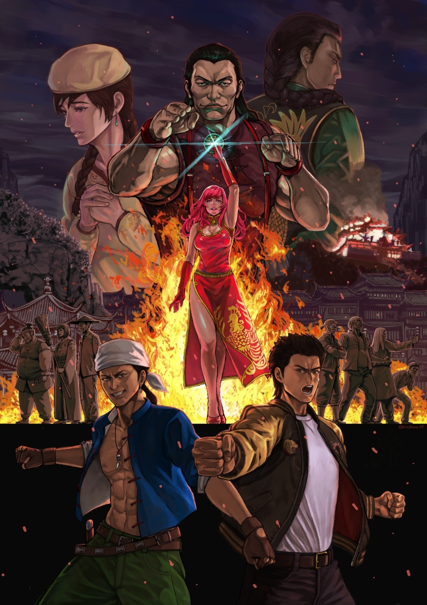 angry blue_shirt china_dress chinese_clothes clenched_hands dress fiery_background fighting_stance fire gloves hazuki_ryou highres jacket lan_di ling_shen_hua multiple_boys multiple_girls muscular muscular_male niao_sun night outdoors punching red_dress ren_wu_ying sega shenmue shenmue_iii shirt thighs yellow_headwear yellow_shirt yorimitsu
