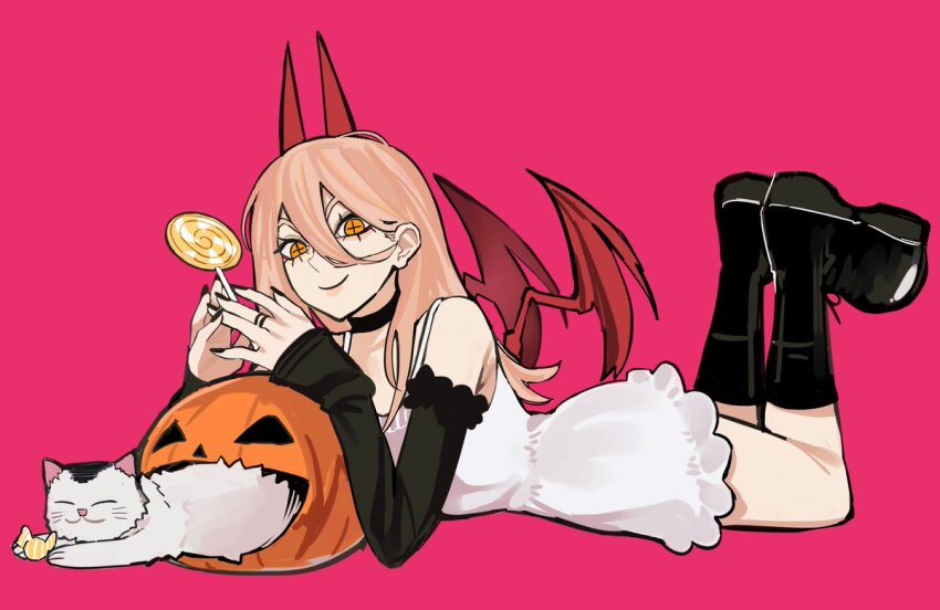 1girl animal bare_shoulders black_boots black_choker black_nails blonde_hair boots candy chainsaw_man choker commentary cross-shaped_pupils demon_girl demon_horns dress elbow_gloves english_commentary food full_body gloves hair_between_eyes holding holding_candy holding_food holding_lollipop horns jack-o&#039;-lantern legs_up lollipop long_hair looking_at_viewer lying meowy_(chainsaw_man) on_stomach pink_background power_(chainsaw_man) red_horns sailen0 sharp_teeth sleeves_past_wrists smile solo swirl_lollipop symbol-shaped_pupils teeth white_dress wings