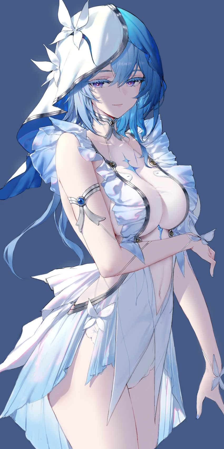 1girl absurdres arm_under_breasts armlet blue_background blue_dress blue_hair blue_nails blue_veil breasts closed_mouth colored_eyelashes commentary covered_navel cowboy_shot dress hair_between_eyes highres jewelry large_breasts light_smile long_hair looking_at_viewer nail_polish purple_eyes shorekeeper_(wuthering_waves) shorts simple_background sleeveless sleeveless_dress solo swd3e2 two-tone_veil veil white_shorts white_veil wuthering_waves