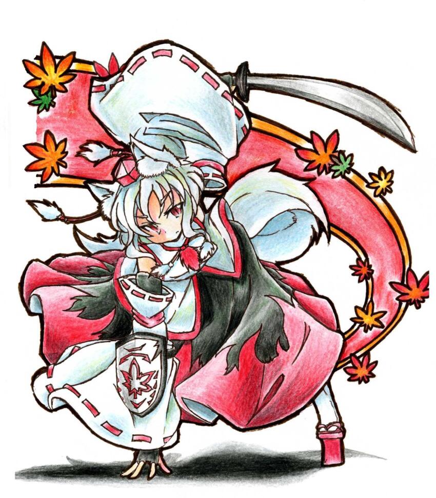 1girl animal_ear_fluff animal_ears black_skirt colored_pencil_(medium) commentary_request detached_sleeves full_body geta gokuu_(acoloredpencil) hand_on_ground hat highres holding holding_sword holding_weapon inubashiri_momiji leaf long_skirt long_sleeves looking_at_viewer maple_leaf red_eyes red_hat red_sandals red_skirt ribbon-trimmed_sleeves ribbon_trim sandals shadow shield shirt short_hair skirt solo sword tail tengu-geta tokin_hat touhou traditional_media two-tone_skirt v-shaped_eyebrows weapon white_background white_hair white_shirt white_sleeves wide_sleeves wolf_ears wolf_girl wolf_tail