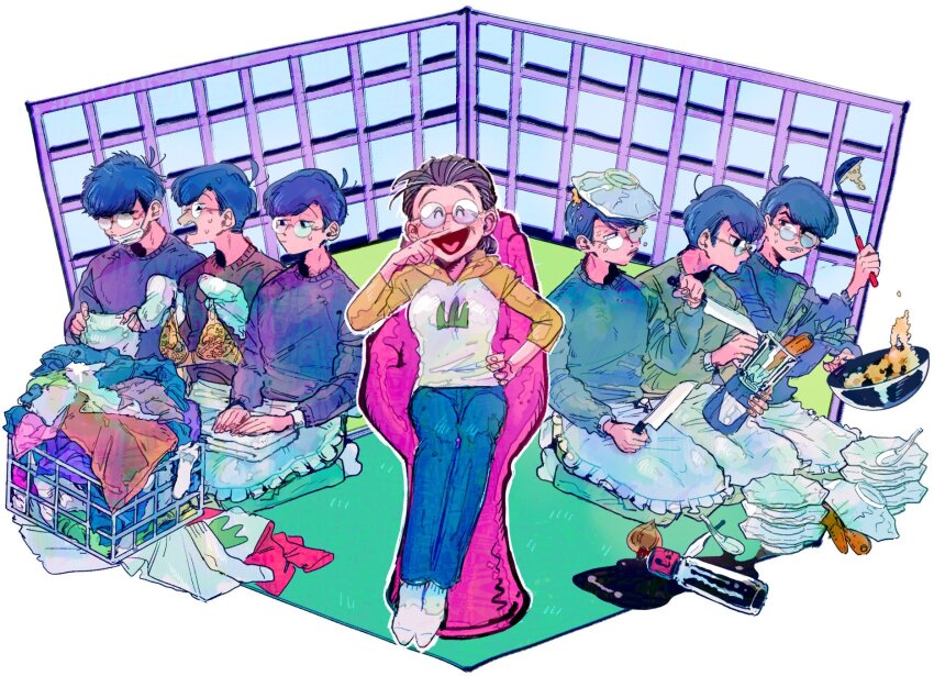 &lt;o&gt;_&lt;o&gt; 1girl 6+boys apron bespectacled blender_(object) breasts carrot cooking cosplay costume_switch crossdressing denim flipping_food folded_clothes folding_clothes food food_on_head fried_rice frying_pan glasses highres holding holding_frying_pan holding_knife holding_ladle holding_plate jeans knife korozikoro ladle laundry laundry_basket matsuno_matsuyo mature_female medium_breasts mother_and_son multiple_boys object_on_head on_chair osomatsu-san osomatsu_(series) pants plate raglan_sleeves round_eyewear rubbing_nose seiza sextuplets sitting socks soy_sauce_bottle spilling spoon unworn_clothes v_formation waist_apron