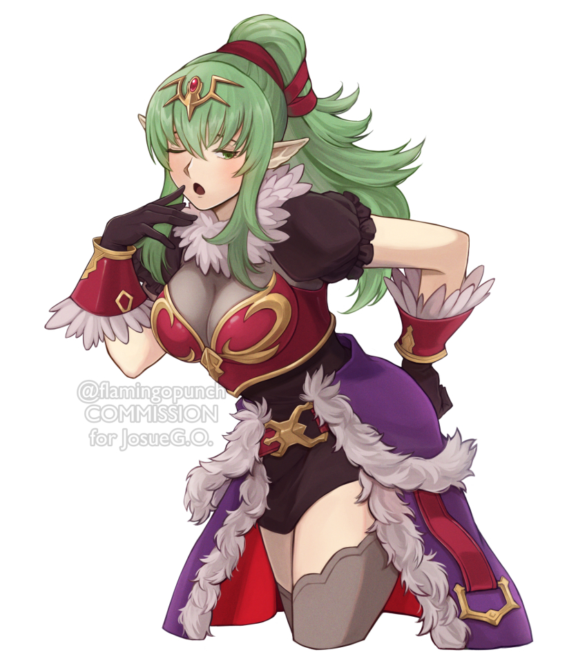 1girl alternate_costume armor black_gloves breastplate breasts cleavage commission cosplay dragalia_lost fire_emblem fire_emblem_awakening flamingo_(eme324) gloves green_eyes green_hair hair_ribbon highres large_breasts mym_(dragalia_lost) mym_(dragalia_lost)_(cosplay) nintendo one_eye_closed open_mouth pointy_ears ponytail red_ribbon ribbon simple_background solo thighhighs tiara tiki_(adult)_(fire_emblem) tiki_(fire_emblem) waist_cape white_background
