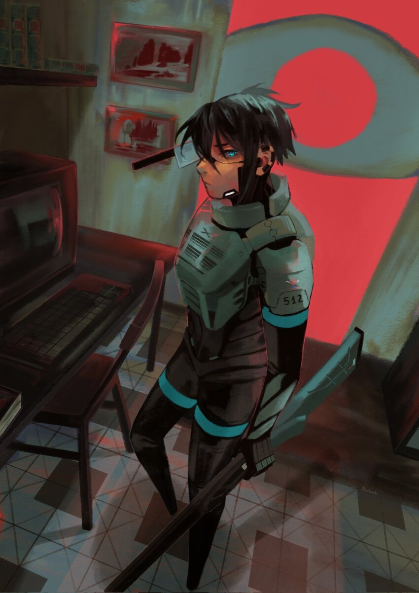 1girl android anti-materiel_rifle armor black_hair blue_eyes book bookshelf chair computer computer_keyboard digitigrade disembodied_eye double-barreled_rifle elephant_gun elster_(signalis) gun highres isle_of_the_dead_(painting) knife_in_head mattress multiple-barrel_gun object_through_head over-and-under-barreled_rifle photo_(object) picture_frame red_eyes rifle safe_(container) shores_of_oblivion short_hair sidelocks signalis sniper_rifle solo stab weapon yuulinshi