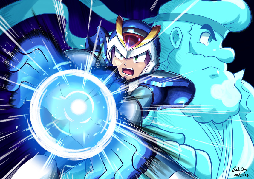 2boys absurdres android armor beard blue_armor capcom clenched_hand closed_mouth commentary cosplay dated dougi dr._light_(mega_man) energy_ball english_commentary facial_hair green_eyes hadouken headband helmet highres innovator123 looking_to_the_side male_focus mega_man_(series) mega_man_x1 mega_man_x_(series) motion_lines multiple_boys open_mouth robot ryu_(street_fighter) ryu_(street_fighter)_(cosplay) shadow shoulder_armor signature speed_lines teeth upper_body white_hair x_(mega_man)