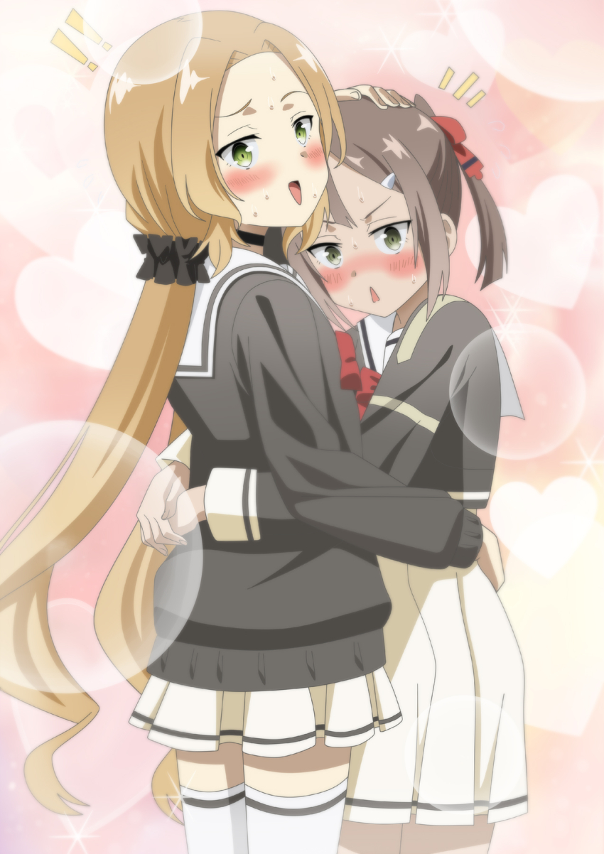2girls black_hair blonde_hair blush grey_eyes highres hug inubouzaki_fuu looking_at_viewer miyoshi_karin multiple_girls open_mouth riokasen sailor_collar sanshuu_middle_school_uniform school_uniform thighhighs white_thighhighs yellow_eyes yuri yuuki_yuuna_wa_yuusha_de_aru yuusha_de_aru