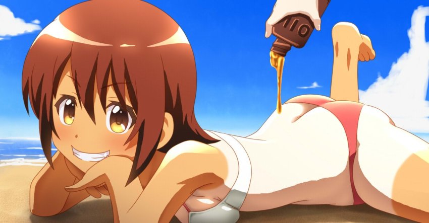 1girl ass awa barefoot beach breasts brown_hair butt_crack cloud disembodied_hand grin looking_at_viewer lying medium_breasts ocean odagiri_futaba oil on_stomach sand sansha_san&#039;you smile swimsuit tan tanline yellow_eyes