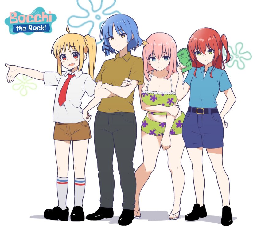 4girls amogan banknote belt_buckle blonde_hair blue_eyes blue_hair bocchi_the_rock! buckle cosplay flip-flops floral_background floral_print gotoh_hitori green_eyes hair_ornament highres holding holding_money ijichi_nijika kita_ikuyo long_hair midriff money mr._krabs mr._krabs_(cosplay) multiple_girls necktie pants patrick_star patrick_star_(cosplay) pink_hair red_eyes red_hair red_necktie sandals shirt shoes short_hair shorts side_ponytail simple_background socks spongebob_squarepants spongebob_squarepants_(cosplay) spongebob_squarepants_(series) squidward_tentacles squidward_tentacles_(cosplay) star_(symbol) star_hair_ornament yamada_ryo yellow_eyes