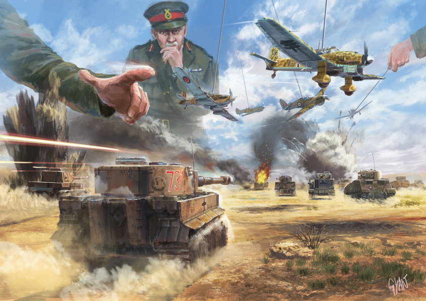 1boy 2others aircraft aircraft_request airplane artist_name attack balkenkreuz belt belt_buckle blue_sky british_army buckle caterpillar_tracks cloud cloudy_sky commentary cross day destruction dust_cloud english_commentary explosion facial_hair fire firing flying grass green_jacket gyan_(akenosuisei) hand_on_own_chin hat hat_ornament hawker_hurricane highres holding jacket lapels long_sleeves looking_down luftwaffe m3_lee m4_sherman military military_dress_uniform military_hat military_jacket military_uniform military_vehicle mixed-language_commentary motor_vehicle multiple_others mustache notched_lapels original out_of_frame outdoors panther_(tank) peaked_cap pointing projected_inset projectile_trail propeller propeller_fighter ribbon_bar roundel royal_air_force sand scenery sky smoke tank tiger_i upper_body vehicle_focus war world_war_ii