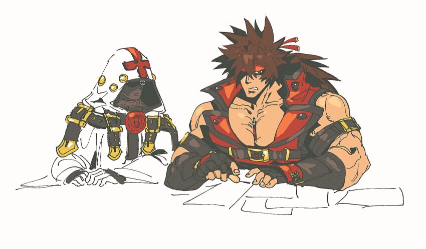 1boy bara brown_hair character_request cross cross_print fingerless_gloves gloves guilty_gear headband highres large_pectorals long_hair male_focus muscular muscular_male nib_pen_(object) object_on_pectorals open_mouth paper pectoral_cleavage pectorals pen ponytail qroken sol_badguy white_background