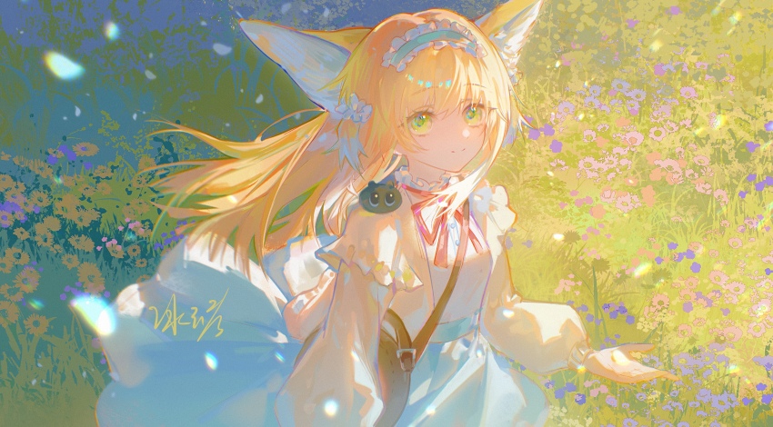 1girl animal_ears arknights artist_name bag bingyuqin blonde_hair brown_bag chinese_commentary commentary_request creature creature_on_shoulder flower fox_ears fox_girl frilled_hairband frills green_eyes hairband highres long_hair looking_at_viewer neck_ribbon no_tail official_alternate_costume on_grass on_shoulder outdoors red_ribbon ribbon shoulder_bag signature skirt solo suzuran_(arknights) suzuran_(spring_praise)_(arknights)