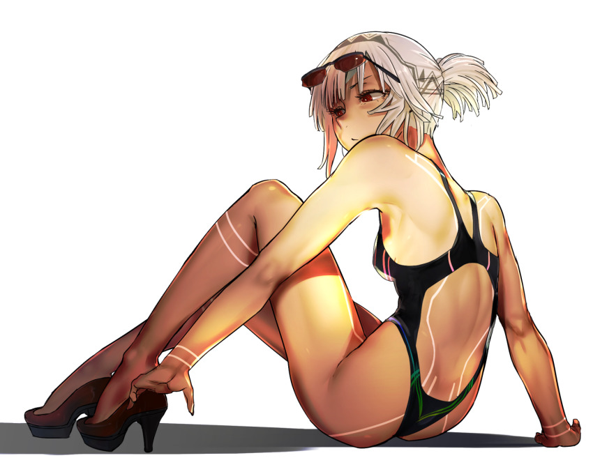 1girl altera_(fate) ass back bare_shoulders black_nails breasts dark-skinned_female dark_skin eyewear_on_head fate/grand_order fate_(series) female_focus full-body_tattoo high_heels highres i-pan nail_polish one-piece_swimsuit ponytail red_eyes shadow short_hair sitting solo sunglasses swimsuit tattoo white_hair