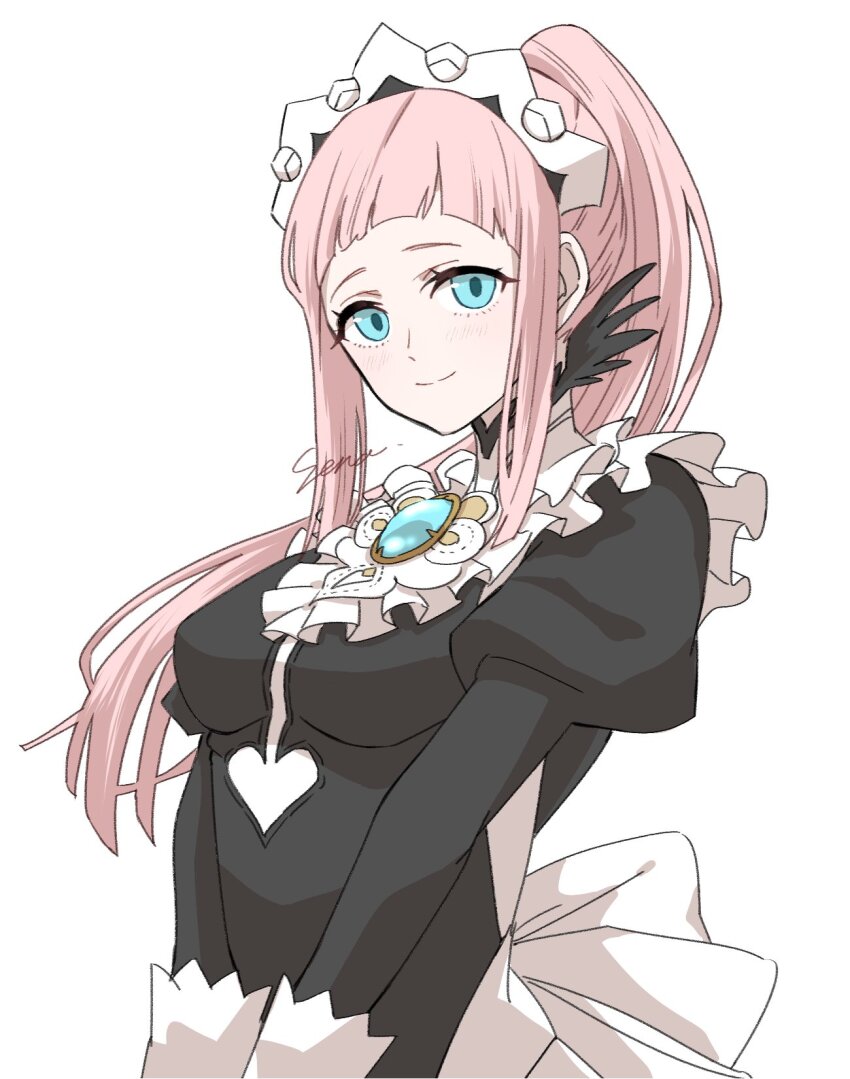 1girl aimermermer apron feather_trim felicia_(fire_emblem) fire_emblem fire_emblem_fates highres looking_at_viewer maid maid_apron maid_day maid_headdress nintendo nohrian_maid_uniform pink_hair ponytail