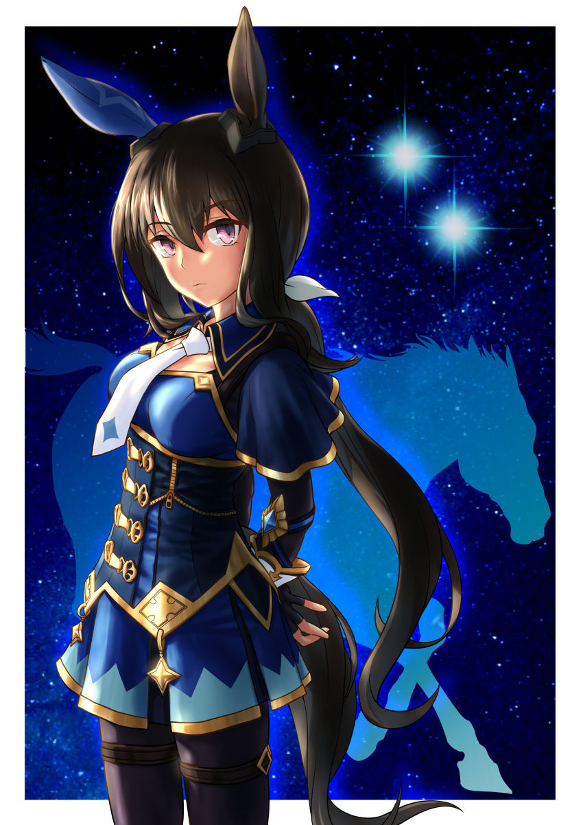 1girl absurdres admire_vega_(umamusume) animal_ears arms_behind_back black_pantyhose blue_capelet bodice bow bowtie brown_hair capelet cheesecake_(artist) commentary cowboy_shot creature_and_personification ear_covers ear_ornament gold_trim hair_between_eyes hair_bow highres horse horse_ears horse_girl horse_tail long_hair looking_at_viewer low_ponytail name_connection object_namesake outline outside_border pantyhose personification ponytail purple_eyes sidelocks silhouette single_ear_cover star_(sky) star_(symbol) starry_sky_background tail thigh_strap umamusume vega_(star) very_long_hair white_bow white_bowtie