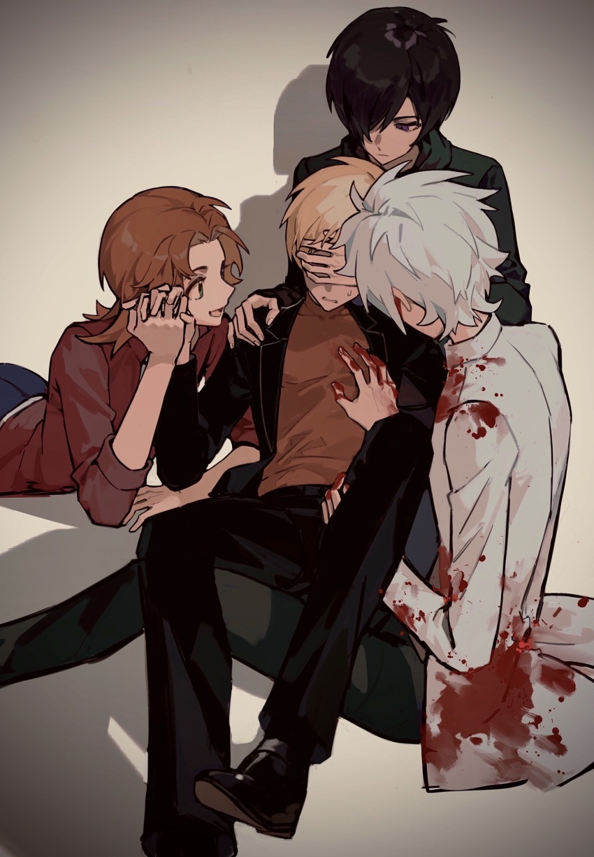 4boys absurdres aiba_ibuki atou_haruki black_hair black_pants black_shoes blonde_hair blood blood_on_clothes blood_on_hands brown_hair brown_shirt chinese_commentary commentary_request covering_another&#039;s_eyes green_jacket hair_over_one_eye hand_on_another&#039;s_chest hand_on_another&#039;s_leg hand_over_another&#039;s_eyes highres holding_hands jacket kanou_aogu lab_coat lapels lying male_focus medium_hair multiple_boys on_stomach open_mouth pants purple_eyes saibou_shinkyoku shinano_eiji shirt shoes short_hair sitting sleeves_rolled_up smile sweat white_hair wodediannao078 yaoi