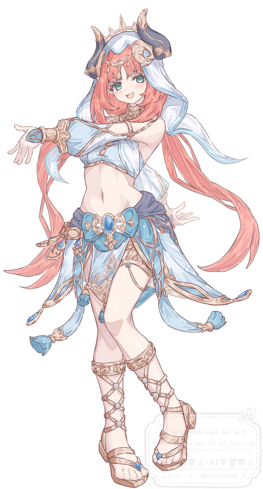 1girl absurdres aqua_eyes blue_bow blue_gemstone blue_skirt blue_sleeves bow crop_top detached_sleeves fake_horns full_body fumicode2_3 gem genshin_impact gladiator_sandals gold_sandals gold_thighlet harem_outfit head_ornament highres horns jewelry long_hair looking_at_viewer midriff navel nilou_(genshin_impact) open_mouth red_hair sandals sidelocks simple_background skirt solo standing very_long_hair white_background