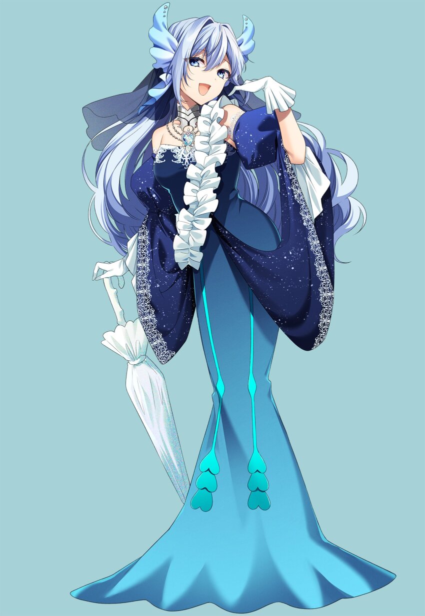 1girl :d aitsuki_nakuru aki_itoguchi blue_background blue_dress blue_eyes blue_gemstone blue_hair blue_veil breasts closed_umbrella collar commentary_request detached_sleeves dot_nose double-parted_bangs dress eida eyelashes fins frilled_gloves frilled_sash frills full_body gem glitter_dress gloves gradient_clothes gradient_dress hair_between_eyes hair_intakes hand_on_umbrella hand_up head_fins highres jewelry la_priere long_bangs long_dress long_hair looking_at_viewer marine_antoine_(eida) medium_breasts metal_collar necklace open_mouth pearl_necklace pendant print_dress puffy_detached_sleeves puffy_sleeves sash see-through_clothes see-through_veil shoulder_sash simple_background smile solo standing strapless strapless_dress tachi-e umbrella utaite veil wavy_hair white_gloves white_sash white_umbrella