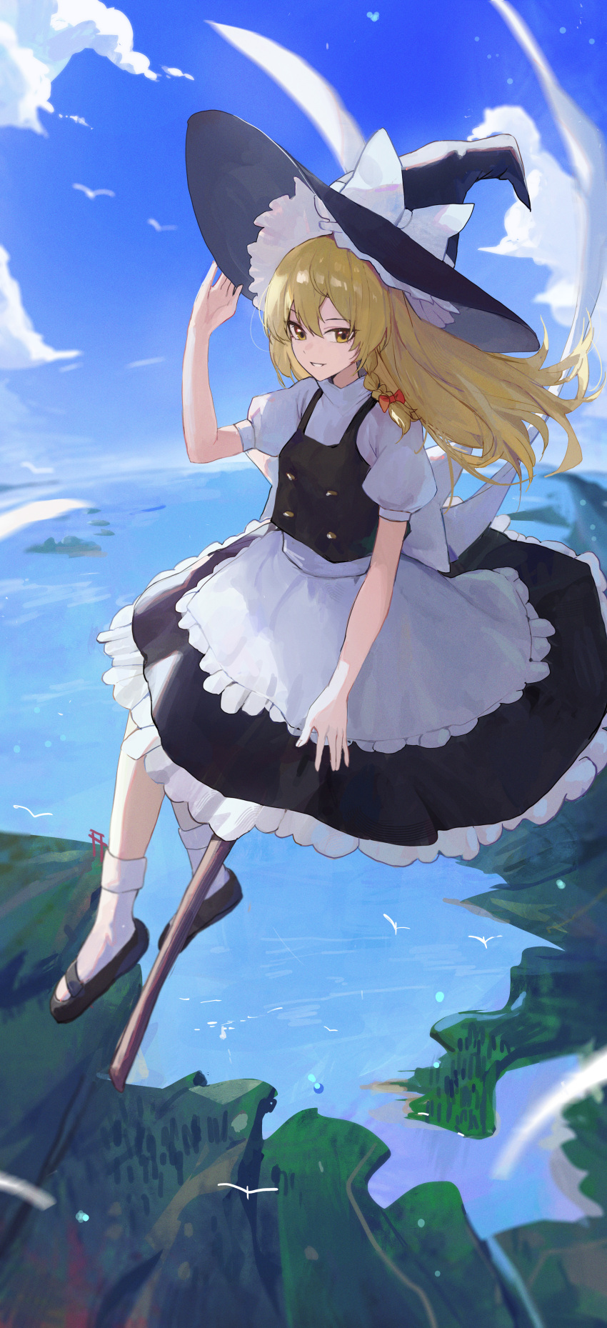 1girl absurdres apron black_dress black_shoes blonde_hair bow braid broom broom_riding dress full_body hair_between_eyes hat hat_bow highres jianjia kirisame_marisa long_hair looking_at_viewer ocean shirt shoes sidelocks single_braid socks solo touhou turtleneck turtleneck_shirt white_apron white_bow white_shirt white_socks witch witch_hat yellow_eyes