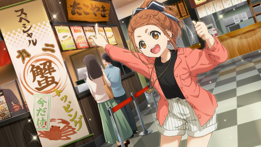 1boy 22/7 22/7_ongaku_no_jikan 2girls arm_up black_shirt bow brown_eyes brown_hair checkered_floor counter cowboy_shot crab food game_cg hair_bow hair_ribbon highres indoors jacket jewelry kono_miyako lens_flare long_hair long_sleeves looking_at_viewer menu_board multiple_girls necklace official_art okonomiyaki open_mouth pointing pointing_at_another red_jacket ribbon shirt shorts smile solo_focus sparkle stanchion takoyaki teeth thumbs_up upper_teeth_only white_shorts