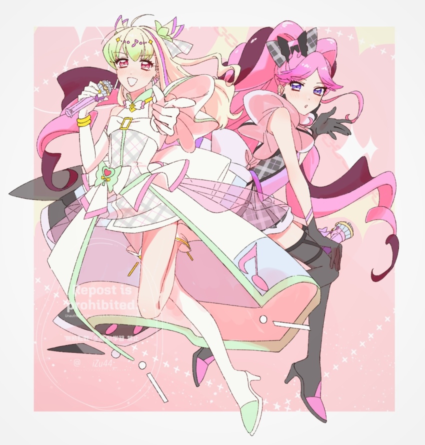 2girls apron argyle_background black_gloves black_hair black_socks blonde_hair blowing_kiss blunt_bangs blush bracelet braid bubble_skirt choker cure_kiss cure_zukyuun dress earrings elbow_gloves finger_gun floating fortissimo frilled_dress frilled_ribbon frilled_skirt frilled_sleeves frills full_body gingham_apron gingham_dress gloves green_hair hair_ornament hair_ribbon hair_tie hair_wings half_gloves heart-shaped_lock high_heels highres holding holding_stick holding_weapon isu_is jewelry kimi_to_idol_precure kneehighs long_hair looking_at_viewer meroron_(human_form) multiple_earrings multiple_girls music musical_note musical_note_hair_ornament parted_bangs pink_hair precure puffy_dress puffy_short_sleeves puffy_sleeves purirun_(human_form) purple_eyes red_eyes ribbon ribbon_choker short_dress short_sleeves singing single_bare_leg single_bare_shoulder single_kneehigh single_sock sitting_sideways skirt sleeveless sleeveless_dress socks standing stick twin_braids twintails twitter_username very_long_hair watermark weapon white_gloves wing_hair_ornament