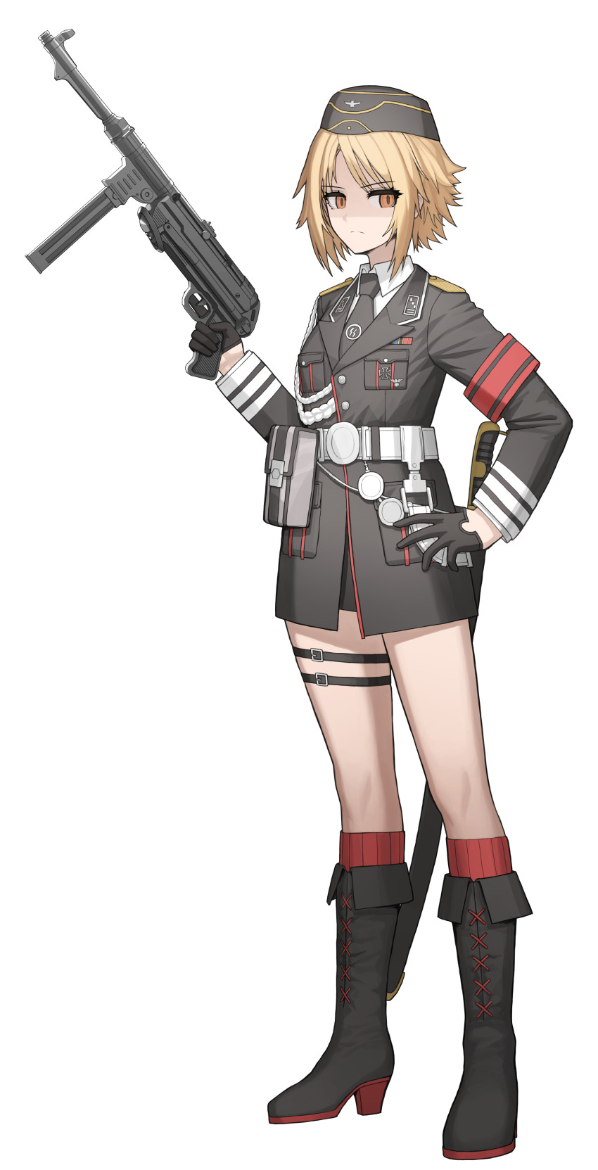 1girl absurdres aiguillette armband belt black_boots black_gloves black_hat black_jacket black_necktie black_skirt blonde_hair boots brown_eyes cheogtanbyeong collared_shirt commission cross frown garrison_cap girls&#039;_frontline gloves gun half_gloves hand_on_own_hip hat highres holding holding_weapon iron_cross jacket knee_boots kneehighs long_sleeves medium_hair military_hat mp40 mp40_(girls&#039;_frontline) necktie pouch red_armband red_socks saber_(weapon) shaded_face sheath sheathed shirt skirt socks solo submachine_gun sword thigh_strap transparent_background trigger_discipline weapon white_shirt
