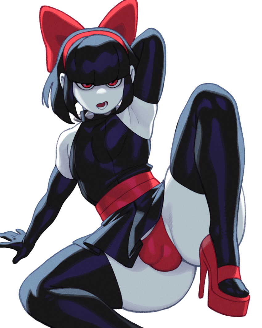 1boy black_hair borrowed_character bulge crossdressing crossdressing_(mtf) highres pale_skin penis red_eyes riz scythe_(dizzyspells) solo