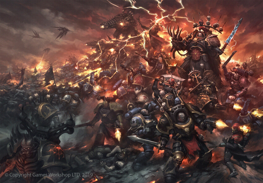 abbadon_the_despoiler adeptus_astartes adeptus_mechanicus armor axe battle black_armor black_legion blue_armor bolter book chainsword chaos_(warhammer) chaos_space_marine chaos_undivided_(symbol) corpse dabanaworks demon_horns dragon eyes_of_horus_(warhammer_40k) fake_horns fighting_stance firing heavy_bolter helmet holding holding_axe holding_book holding_sword holding_weapon horned_helmet horns laurels lightning male_focus multiple_boys omega_symbol pelt power_armor purity_seal red_armor skull skull_ornament spiked_armor spikes sword ultramarines warhammer_40k weapon