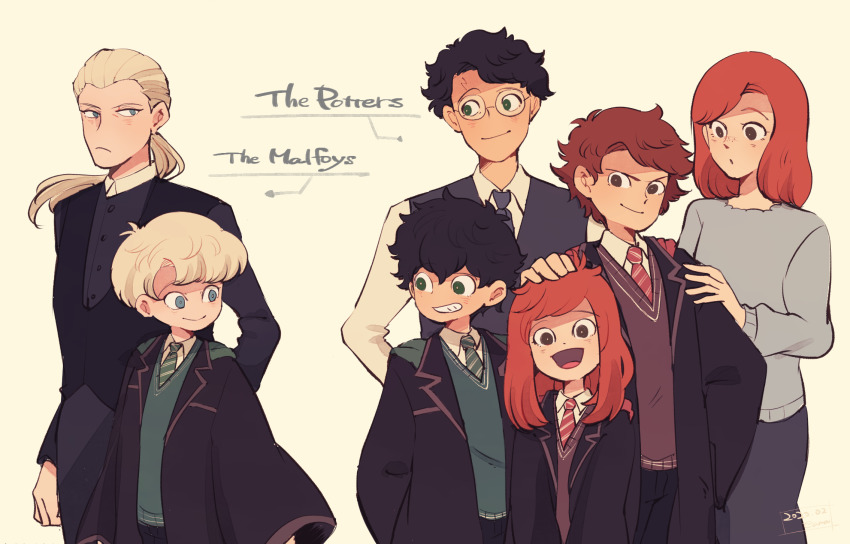2girls 5boys aged_up albus_severus_potter amazou black_hair black_robe blonde_hair brown_hair father_and_daughter father_and_son ginny_weasley glasses gryffindor harry_potter harry_potter_(series) harry_potter_and_the_cursed_child highres hogwarts_school_uniform james_sirius_potter lily_luna_potter long_hair mother_and_daughter mother_and_son multiple_boys multiple_girls necktie ponytail red_hair robe scar scar_on_face scar_on_forehead school_uniform scorpius_malfoy short_hair slytherin smile striped_neckwear vest wizarding_world