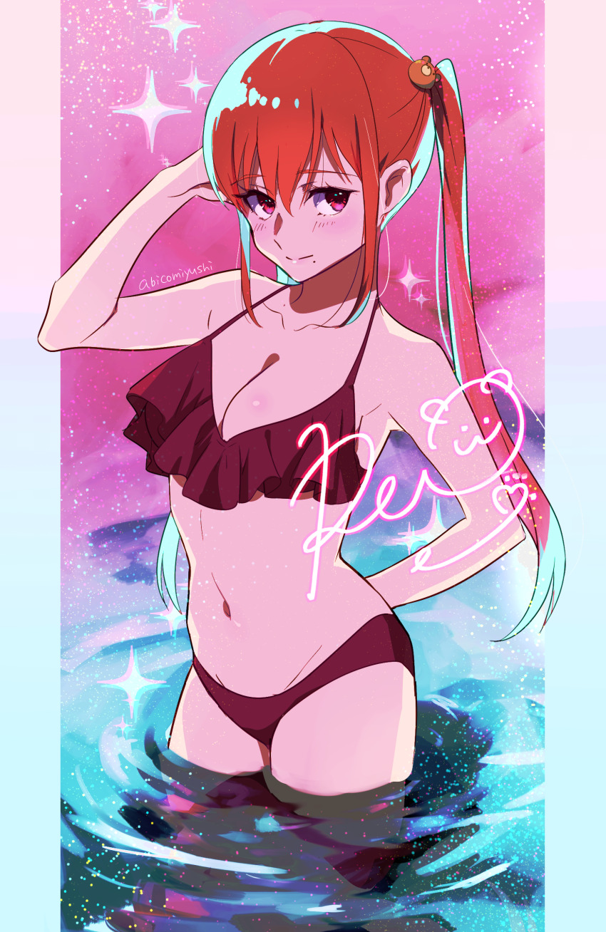 1girl abicomiyushi absurdres arm_behind_back artist_name bear_hair_ornament bikini black_bikini brown_hair character_name frilled_bikini frills hair_ornament hand_up highres igarashi_reo long_hair navel oshi_ga_budoukan_itte_kuretara_shinu ponytail red_bikini red_eyes ripples solo swimsuit wading