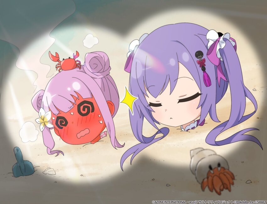 2girls :&lt; @_@ animal animal_on_head assault_lily blurry blurry_foreground blush buried closed_eyes closed_mouth commentary_request crab crab_on_head day double_bun flower frilled_ribbon frills full-face_blush hair_bun hair_flower hair_ornament hair_ribbon hermit_crab highres hot lens_flare light_blush long_hair matsumura_fuuka medium_hair multiple_girls official_alternate_costume official_alternate_hairstyle official_art on_head open_mouth outdoors pink_hair pink_ribbon purple_hair ribbon sadamori_himeka sand seashell shell smoke sparkle sweat tassel tassel_hair_ornament twintails v-shaped_eyebrows watermark wavy_mouth white_flower