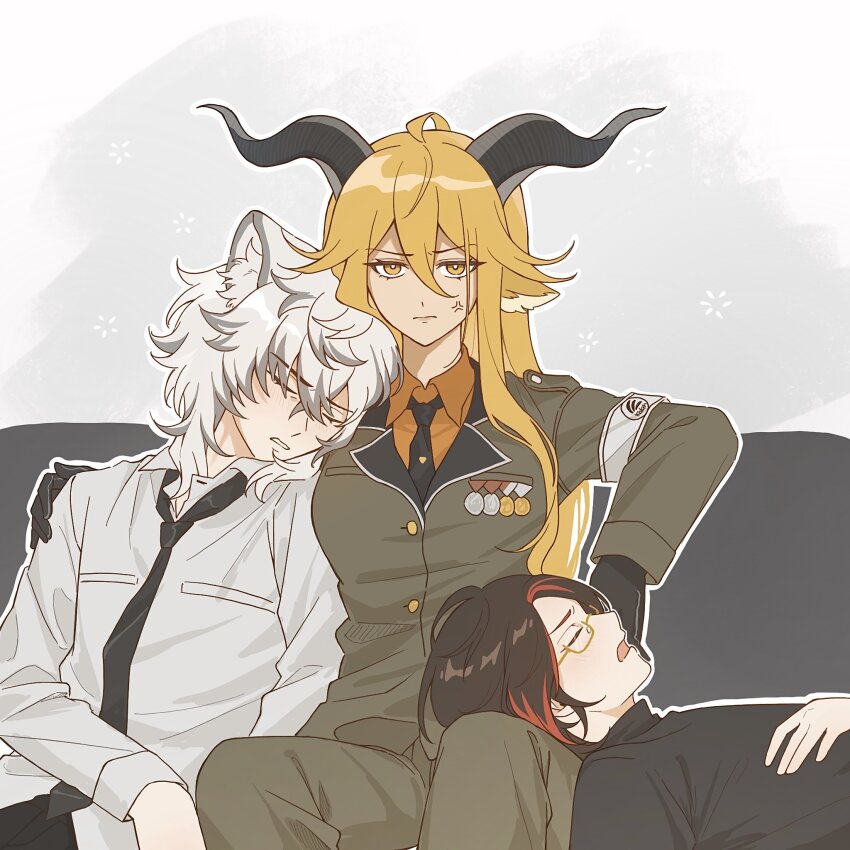 1girl 2boys amo20839453 anger_vein animal_ear_fluff animal_ears annoyed arknights armband black_gloves black_horns black_necktie black_shirt blonde_hair bright_pupils brown_hair buttons chinese_commentary closed_mouth collared_shirt commentary_request curled_horns degenbrecher_(arknights) glasses gloves gnosis_(arknights) grey_armband grey_hair grey_shirt hair_between_eyes hand_on_another&#039;s_shoulder highres horns jacket kjerag_logo lap_pillow lapels leaning_on_person long_hair long_sleeves looking_at_viewer lying medal military_jacket military_uniform multicolored_hair multiple_boys necktie on_back orange_shirt red_hair shirt short_hair silverash_(arknights) sitting sleeping squeans streaked_hair white_pupils yellow_eyes