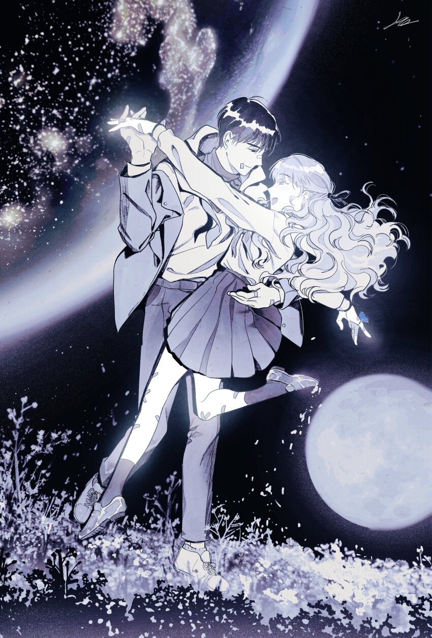 1boy 1girl absurdres artist_name bandaid bandaid_on_face bandaid_on_hand bandaid_on_leg black_hair black_socks blue_flower blush couple dancing earth_(planet) floating_hair flower flower_ring grass hair_between_eyes hand_on_another&#039;s_waist highres holding holding_hands jacket jewelry long_hair looking_at_another moon night night_sky on_grass open_mouth original outdoors petals planet ring scarf short_hair signature skirt sky smile socks space standing star_(sky) toktin_zq